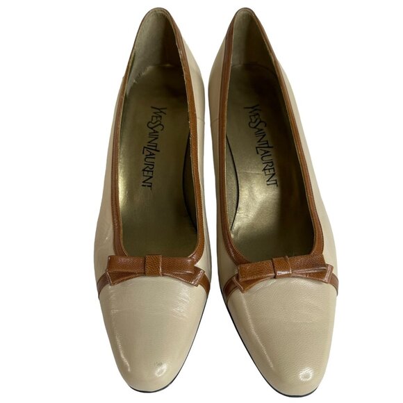 Saint Laurent Pump Shoes Size US 7 Beige Brown Patent Leather Heel Block Bow - Picture 1 of 15